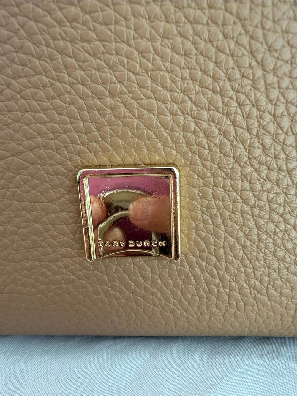 Tory Burch Thea Caramel Tan Pebbled Leather Crossbody with Gold Hardware